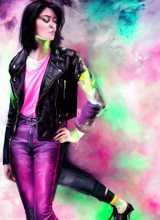 Image similar to a photo of 8 k ultra realistic a black haired female in high heels and a black leather jacket, pink, purple, green, yelow, red, blue, white neon, art by lise deharme