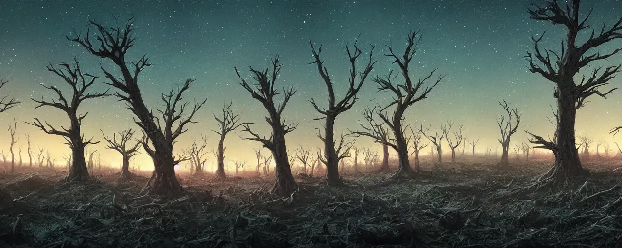 Image similar to ” barren landscape with dead trees at night, [ cosmic, cinematic, detailed, epic, widescreen, opening, establishing, mattepainting, photorealistic, realistic textures, octane render, art by slop and paul lehr ] ”