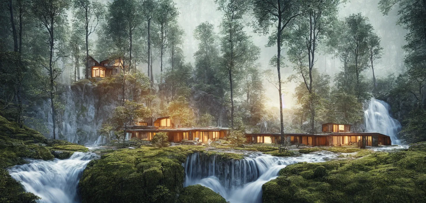 Prompt: beautiful large scandinavian house in the forest on a hill, a large waterfall flows down from the mountain in the background, octane render, fabulous, hyper detailed, random cinematic view, no noise, global illumination, warm lighting, volumetric, godrays, vivid, by jordan grimmer