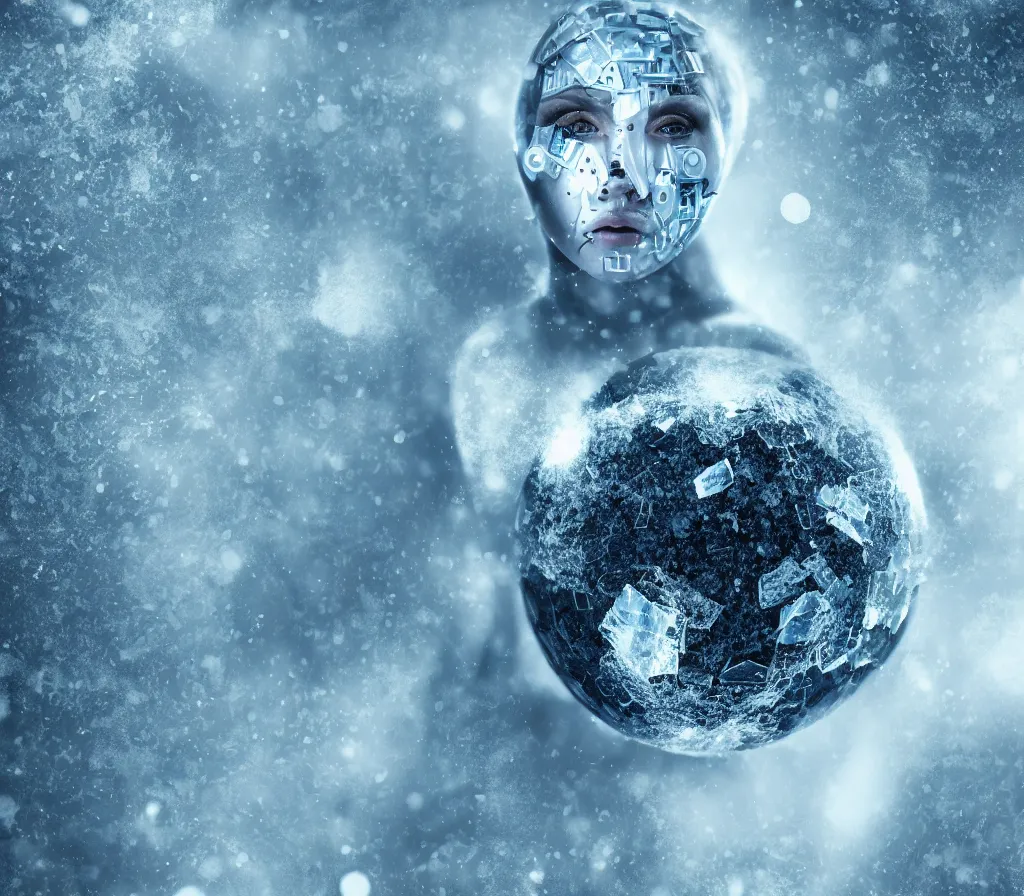 Prompt: as the world turned into a ball of ice, there was one person left who completely transformed herself into a machine, immune to the freezing temperatures no human could realistically survive. she roamed the last artifacts that weren't fully masked by the snow; abstract digital art, 4k, dense composition