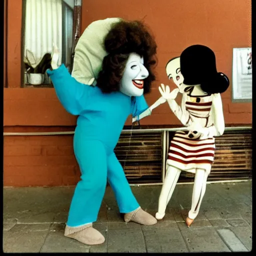 Image similar to 1976 color archival photo of a woman and a puppet that looks like Caspar the Friendly Ghost, in a sidewalk cafe, 16mm film soft color, earth tones and some primary colors 1976, archival footage, in style of doris wishman russ meyer, woman looks like gilda radner