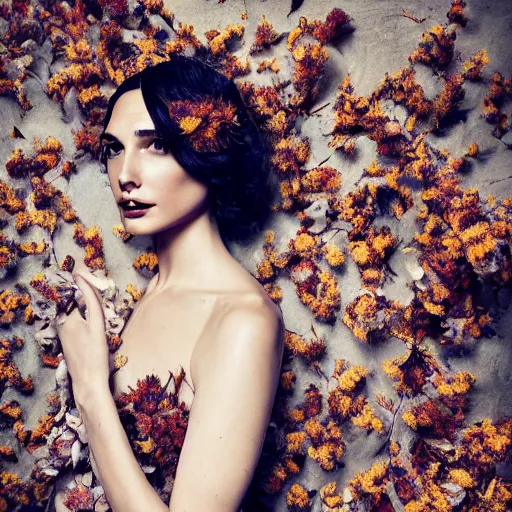 Image similar to full body fine art photo of the beauty gal gadot, she has a crown of dried flowers and is wearing a fashionist conceptaul dress made of dried roses, taken by oleg oprisco