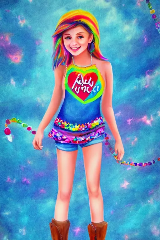 Prompt: matte sharp painting cute little girl hippy denim bellbottom bead necklace, painted by mark rydel artstation behance storybook lisa frank