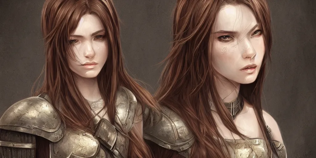 Image similar to 2 5 years old women : : dark straight hair : : overwheight, brown medieval cloting, light armor, natural materials : : high detail, digital art, illustration, realistic, rpg, fantasy