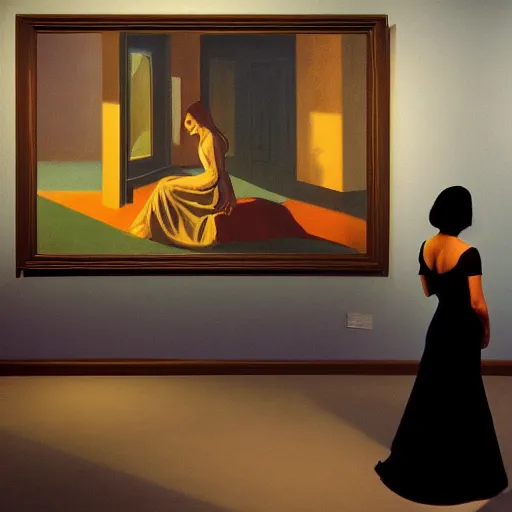 Image similar to a gorgeous woman with a black dress waiting inside a 9 0 s art gallery exhibition, colors americana, cinematic, volumetric lighting, ultra wide angle view, realistic, detailed painting in the style of edward hopper