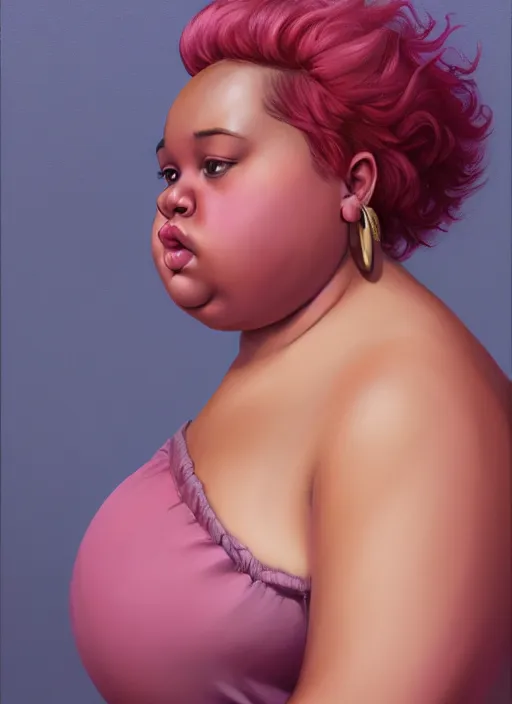 Image similar to full body portrait, teenage vanessa morgan, pink hair, brown skin, obese, curly pixie hair, sultry, realistic, short hair, hoop earrings, skirt, shirt, fat, belly, intricate, elegant, highly detailed, digital painting, artstation, concept art, smooth, sharp focus, illustration, art by wlop, mars ravelo and greg rutkowski