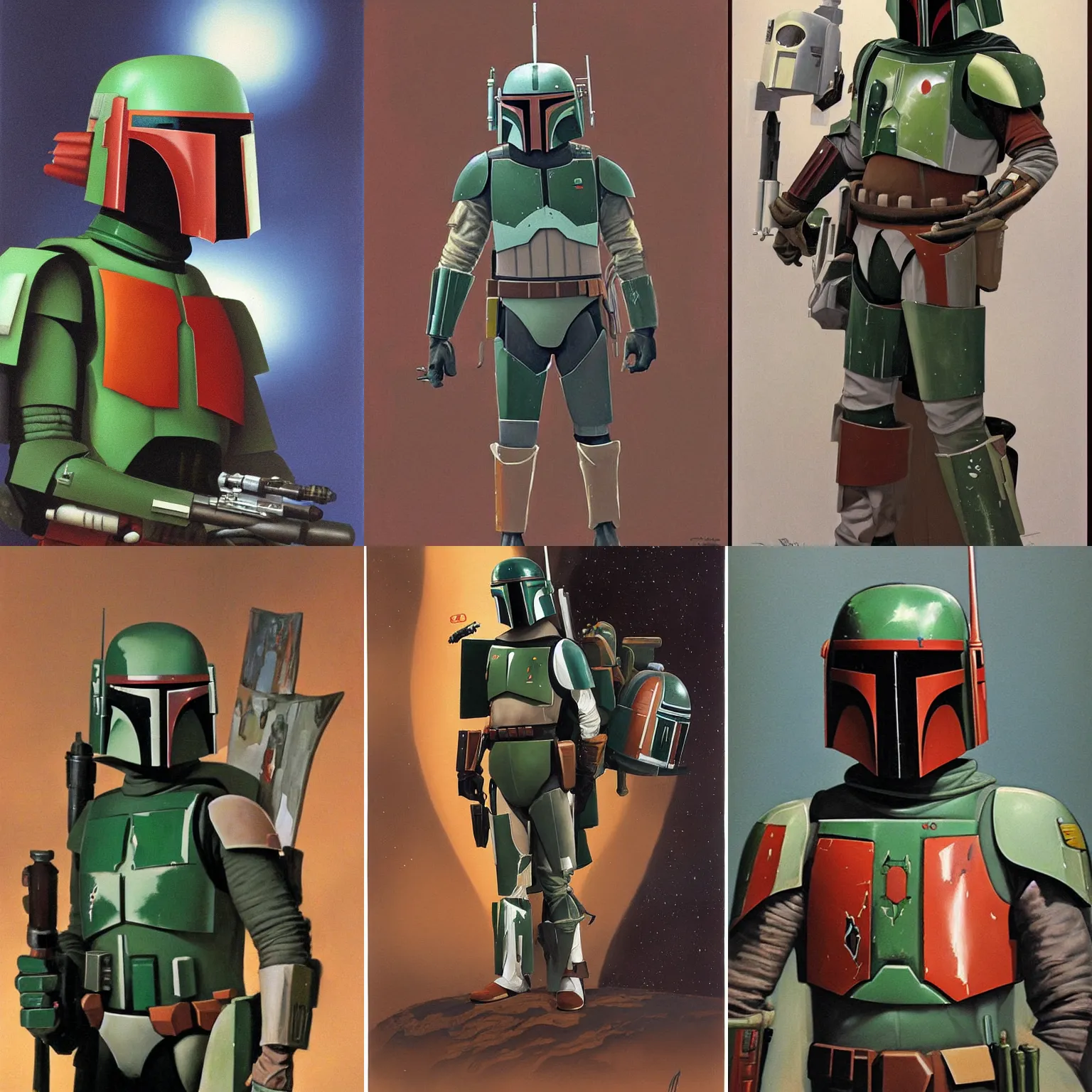Prompt: portrait of boba fett, painting by ralph mcquarrie
