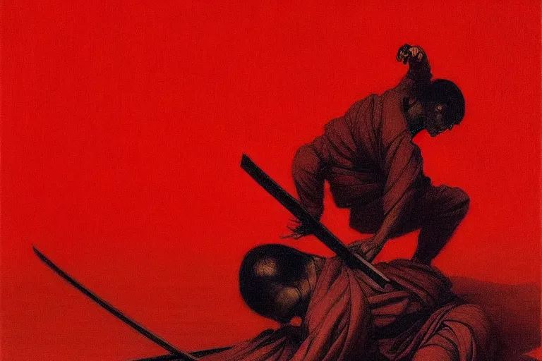 Image similar to only with red, a red samurai do seppuku, tokio, a lot of frogs watch, in the style of beksinski, parts by edward hopper, parts by rodcenko, parts by yue minjun, intricate and epic composition, red by caravaggio, insanely quality, highly detailed, masterpiece, red light, artstation, 4 k