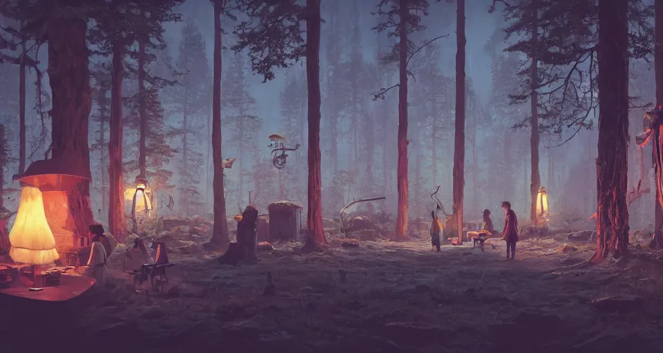 Image similar to A quiet tavern in the middle of a forgotten magical forest, rendered by simon stålenhag, rendered by Beeple, Makoto Shinkai, syd meade, environment concept, digital art, starwars, Gundam Style, unreal engine, 3 point perspective, WLOP, trending on artstation, low level, 4K UHD image, octane render,