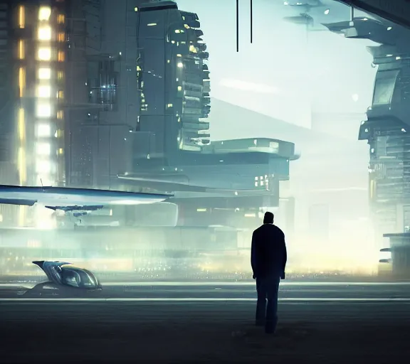 Image similar to man waits for futuristic sci fi jet landed at runway of cyberpunk city, night photo ,dark cinematic lighting , digital concept art