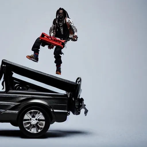 Image similar to travis scott action figure with dreads standing on top of a black rc pickup truck, close up studio photograph, white background