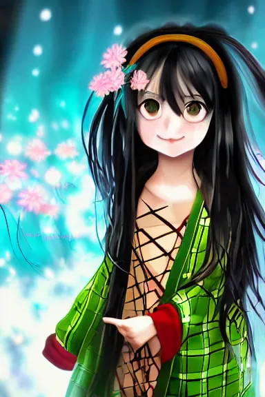 Image similar to mysterious girl child with her long black hair dressed in a chequered robe anime art style, big green diamond on her hand, digital art, hd, 4 k, hyper detailed