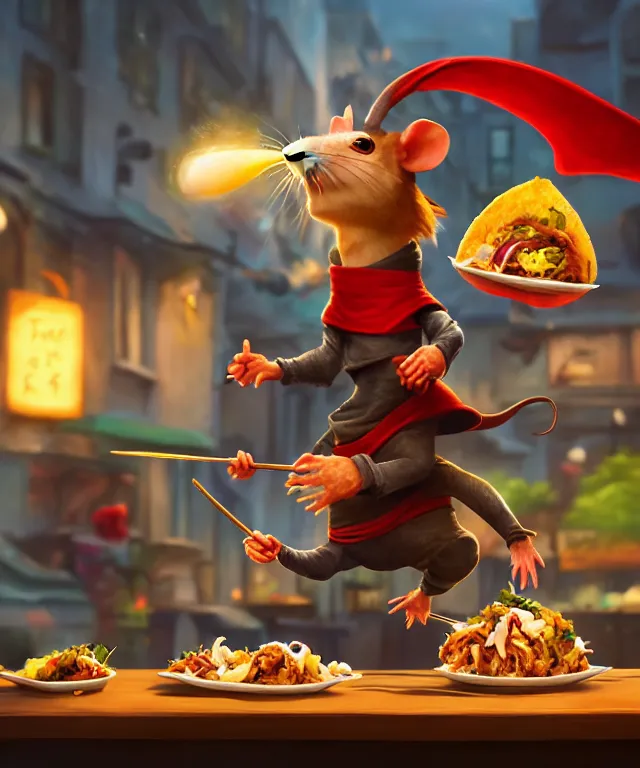 Prompt: an rat ninja eating tacos!, ninja outfit, restaurant in background, in the style of pixar, adorable and whimsical, fantasy, elegant, digital painting, artstation, unreal engine, octane render, concept art, matte, sharp focus, vibrant colors, high contrast, illustration, art by justin gerard