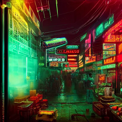 Image similar to cyberpunk black indian market, indoor in the style of blade runner, low neon lights and dim displays, crowded with cyborgs photorealistic, artistic photography, grainy ruined film, dark color scheme, ray tracing, unreal engine, 4 k