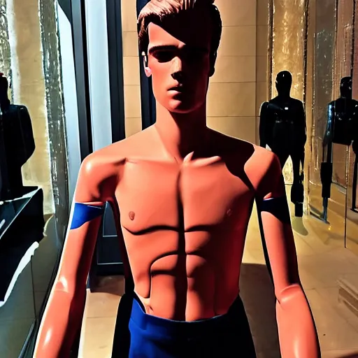 Image similar to “ a realistic detailed photo of a guy who is an attractive humanoid who is half robot and half humanoid, who is a male android, soccer player antoine griezmann, shiny skin, posing like a statue, blank stare, at the museum, on display ”