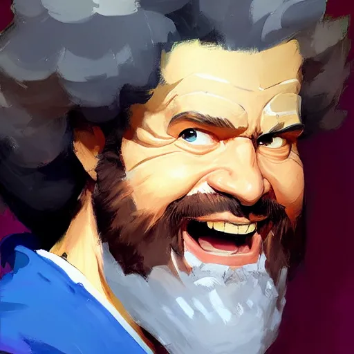 Prompt: Greg Manchess portrait painting of Bob Ross as Overwatch character, wacky, medium shot, asymmetrical, profile picture, Organic Painting, sunny day, Matte Painting, bold shapes, hard edges, street art, trending on artstation, by Huang Guangjian and Gil Elvgren and Sachin Teng