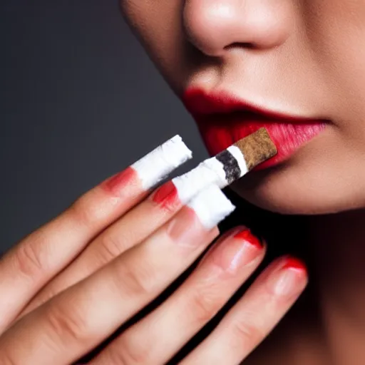 Prompt: Close-up of highly realistic female hand holding cigarette with smoke, white background, 4K