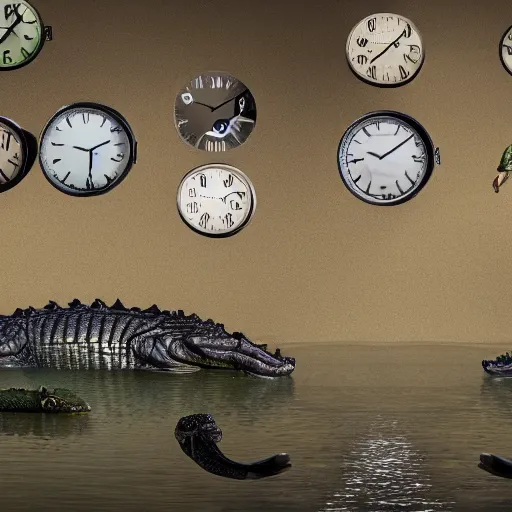 Prompt: man's face with clocks as eyes, looking at the camera walking near lake with crocodiles, high detail, soft lighting, intricate, 8 k