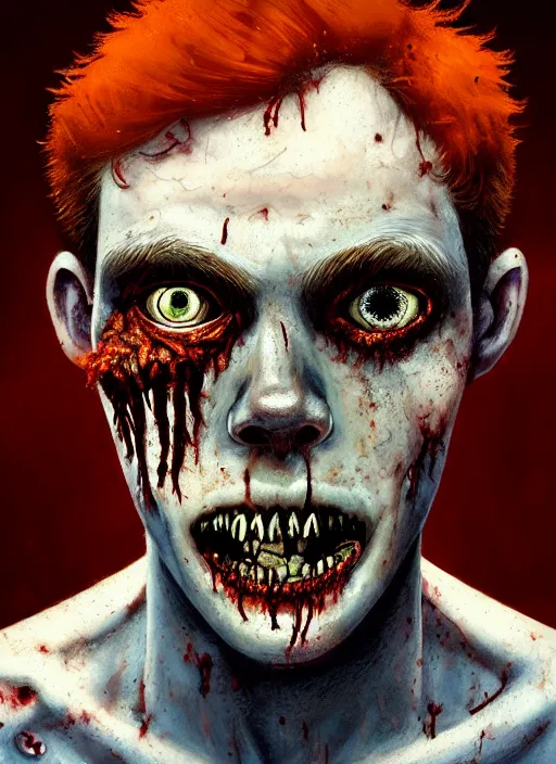 Prompt: portrait of zombie teenage archie andrews, red hair, curly hair, curly middle part, freckles, photorealistic, zombie, rotting skin, blind eyes, white eyes, zombie, intricate, elegant, orange, glowing lights, highly detailed, digital painting, artstation, concept art, sharp focus, illustration, art by wlop, mars ravelo and greg rutkowski