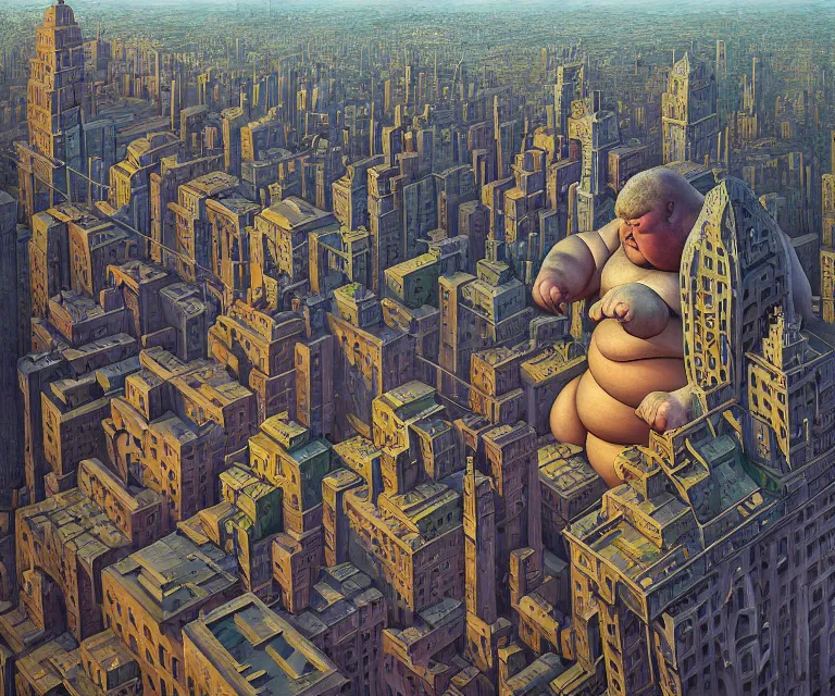 Prompt: hyper detailed 3d render like a Oil painting - a giant moridly obese man crushing a helpless city under his feet, despair, depressing and hopeless vibe, by Jacek Yerka, Mariusz Lewandowski, Houdini algorithmic generative render, Abstract brush strokes, Masterpiece, Edward Hopper and James Gilleard, Zdzislaw Beksinski, Mark Ryden, Wolfgang Lettl, hints of Yayoi Kasuma, octane render, 8k