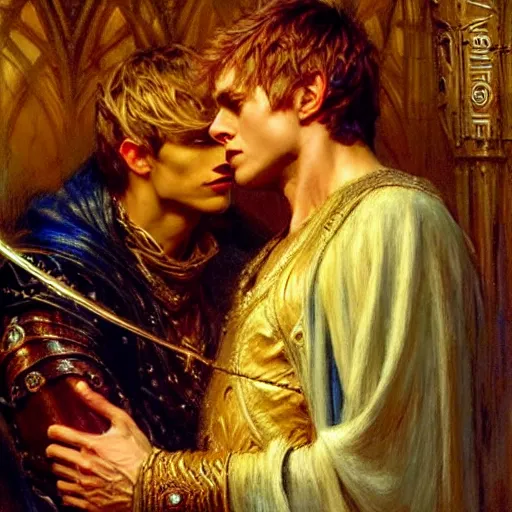 Image similar to stunning arthur pendragon in love with stunning male merlin the mage. they are close to each other, touching, looking. highly detailed painting by gaston bussiere, craig mullins, j. c. leyendecker