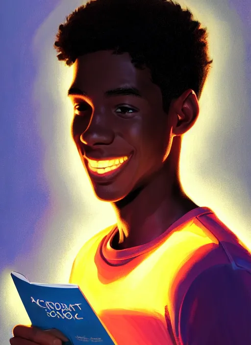 Prompt: portrait of teenage chuck clayton, black teenage boy, very short curly hair, very short hair, square jaw, slight excited smile, reading archie andrews comic book, intricate, elegant, glowing lights, highly detailed, digital painting, artstation, concept art, smooth, sharp focus, illustration, art by wlop, mars ravelo and greg rutkowski