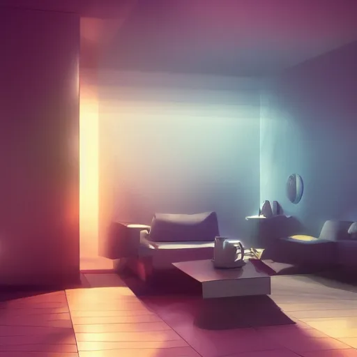 Image similar to futuristic room, crisp, artstation, luxury, beautiful, dim painterly lighting volumetric, 3 d concept art