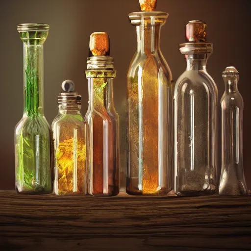 Prompt: beautiful worlds inside quaint glass bottles in a medieval alchemists apothecary. ornate, behance, artstation, unreal render, unreal engine 5, octane