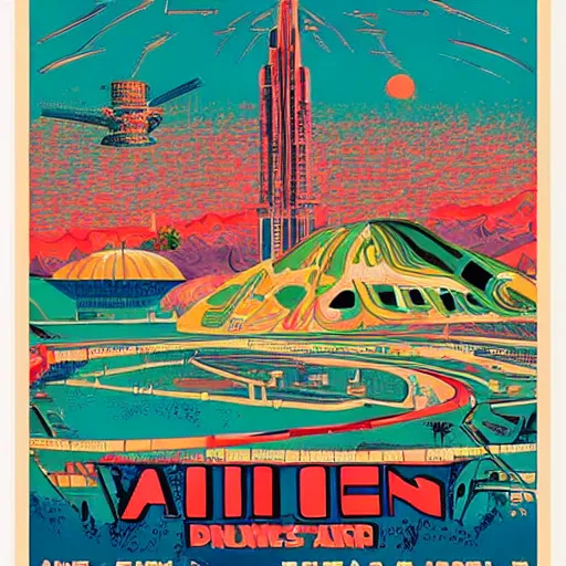 Prompt: a colorful vintage poster of a city on an alien planet, highly detailed