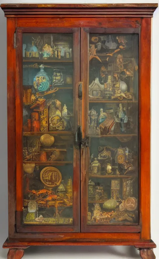 Image similar to wooden vintage cabinet of curiosities, matte painting, oil on canvas