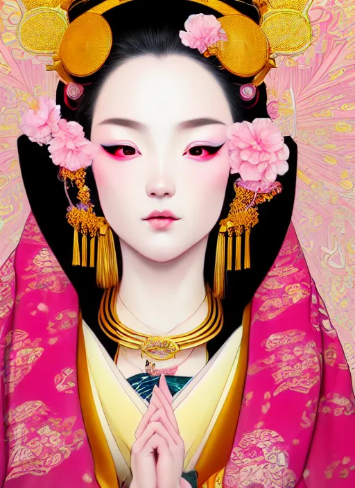 Image similar to dreamlike luxury stunning oiran portrait, pink and gold kimono, art by artgerm, wlop, loish, ilya kuvshinov, 8 k realistic, hyperdetailed, beautiful lighting, detailed background, depth of field, symmetrical face, frostbite 3 engine, cryengine,