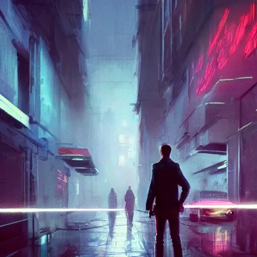 Image similar to concept art by greg rutkowski, a very tall and slender young man walking through the interior of a brutalist looking neighborhood full of holograms and shops while he smokes a cigarette, ambient lighting in neon tones, scifi, highly detailed portrait, digital painting, artstation, concept art, smooth, sharp foccus ilustration, artstation hq