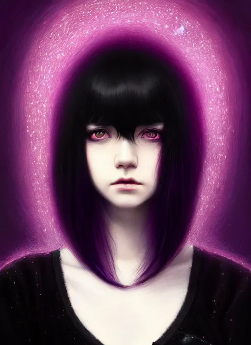 Image similar to hair blackbangs hair, white hair, blackbangswhitehair, portrait of teenage girl with black bangs, red irises, purple clothes, black bangs, bangs are white hair is black, intricate, elegant, glowing lights, highly detailed, digital painting, artstation, concept art, sharp focus, illustration, art by wlop, mars ravelo and greg rutkowski