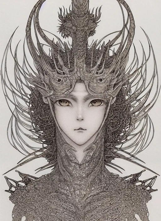 Prompt: prompt: Fragile looking vessel portrait soft light drawn by Takato Yamamoto, inspired by Fables, ancient dragon knight armor decoration, magical and alchemical objects on the side, soft light, white background, intricate detail, intricate oil painting detail, sharp high detail, manga and anime 2000