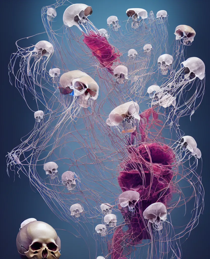 Image similar to composition of human skulls, animals skulls, bones, rib-cage. jellyfish orchids and betta fish, bioluminiscent, intricate artwork by Tooth Wu and wlop and beeple. octane render, trending on artstation, greg rutkowski very coherent symmetrical artwork. cinematic, hyper realism, high detail, octane render, 8k