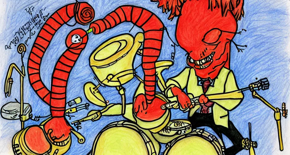 Prompt: Doctor worm playing the drums, caricature, color pencils, sharpies