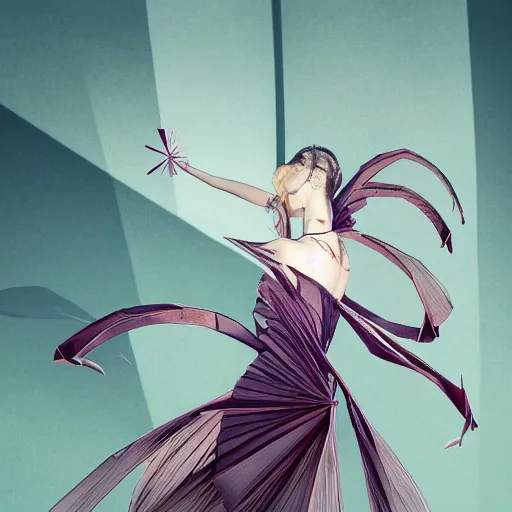 Prompt: 3 / 4 view of a beautiful girl wearing an origami!! dress, ground - level medium shot, elegant, by eiko ishioka, givenchy, philippe druillet, by peter mohrbacher, centered, fresh colors, origami, fashion, detailed illustration, vogue, high depth of field, japanese, reallusion character creator