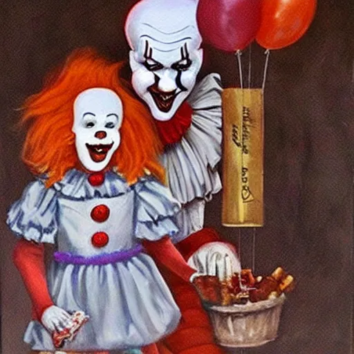 Image similar to A beautiful painting of pennywise giving candy to children