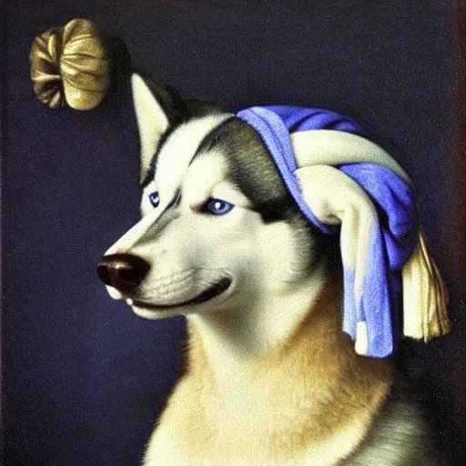 Image similar to A husky with a pearl earring by Johannes Vermeer