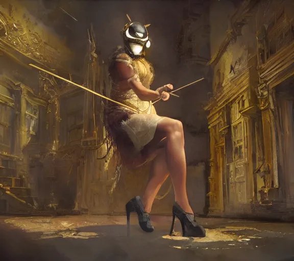 Image similar to craig mullins and ghibli digital art of on the stage of the theater, a masked female violinist performs alone, dressed in exotic costumes, gold jewelry, and black hair realistic shading, cinematic composition, realistic render, octane render, detailed textures, photorealistic, wide shot