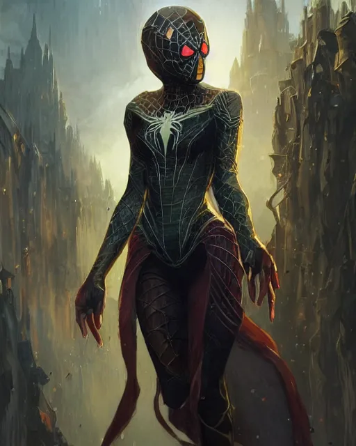 Prompt: a beautiful spiderwoman wearing a magical armor posing in a magical town, hyper realistic face, fantasy art, in the style of greg rutkowski, illustration, epic, fantasy, intricate, hyper detailed, artstation, concept art, smooth, sharp focus