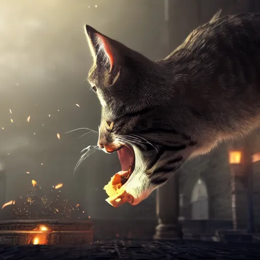 Prompt: deeply scared cat running away from the giant carnivorous sandwich, artstation hq, dark phantasy, stylized, symmetry, modeled lighting, detailed, expressive, true unsimulated emotions, created by hidetaka miyazaki, dark souls 3 screenshot