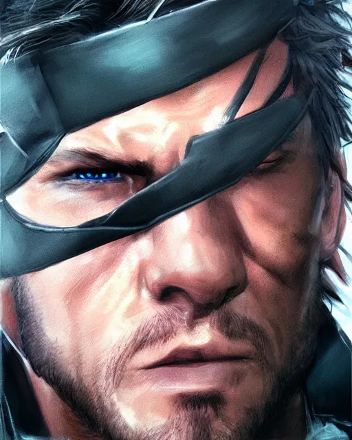 Image similar to solid snake portrait, backlit face, tired expression close - up, 4 k detailed digital photoshop painting, best of artstation hdr, official artwork hdr