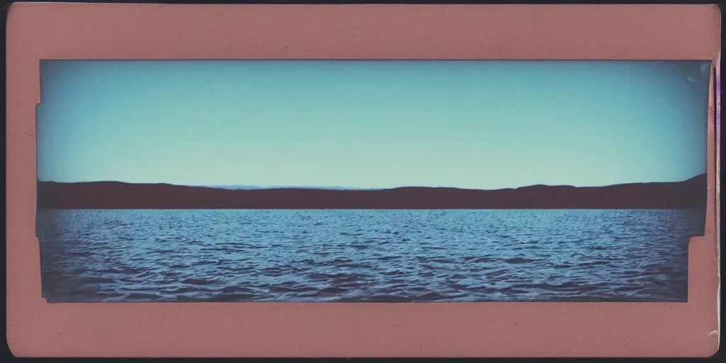 Prompt: analog polaroid of a view over a deep blue lake, dark sky with a round pink moon in the background