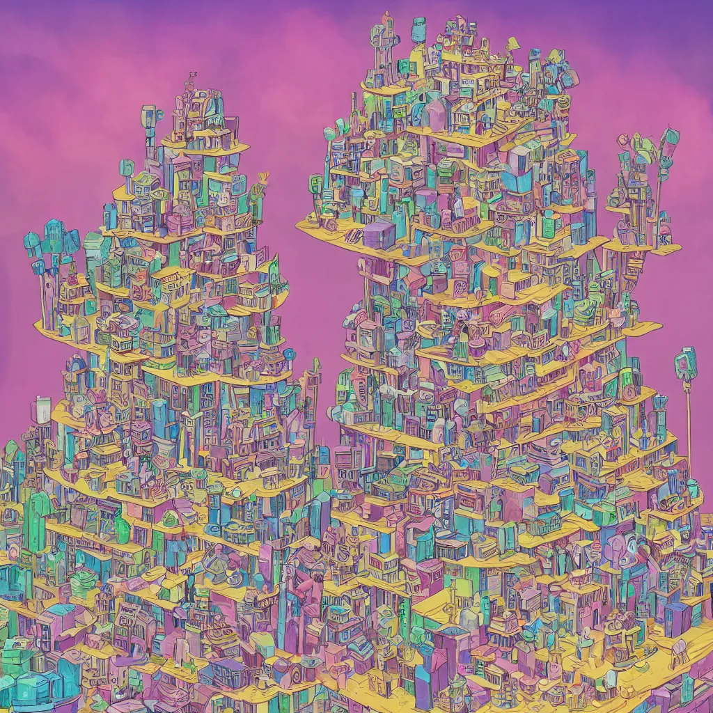 Prompt: a Bismuth city with the structure of a wedding cake lots of little people do their work on the tiers, high definition, graphic novel art, 4k, by Genndy Tartakovsky