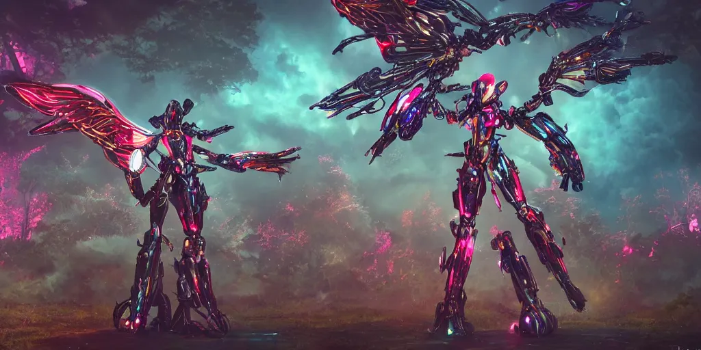 Image similar to a female mecha saints with huge feature wings flying in the fantasy forest by merriam, daniel, intricate mechanical details, futuristic, 2 k aesthetic, dramatic lighting, concept art, 4 k, 3 d octane render, pink and red collection, highly saturated colors, provenance, detailed, trending on artstation