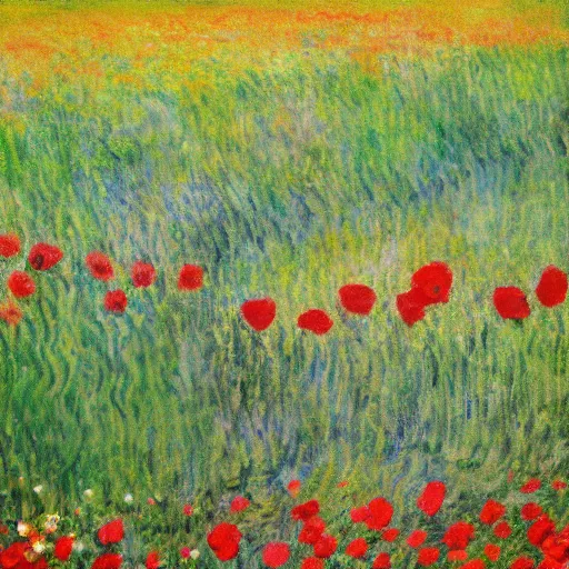 Prompt: snake - shaped tabby cat sleeping in poppy field, monet painting, soft colours, impressionism