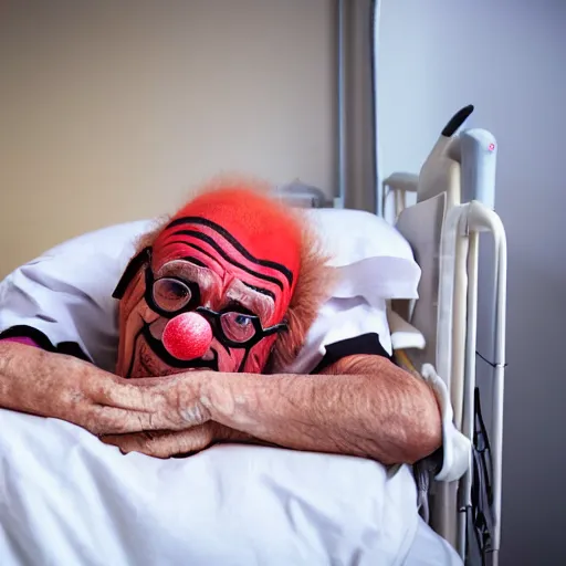 Prompt: crazy elderly clown supine in hospital bed, strapped into bed with restraints, photograph, 8 k