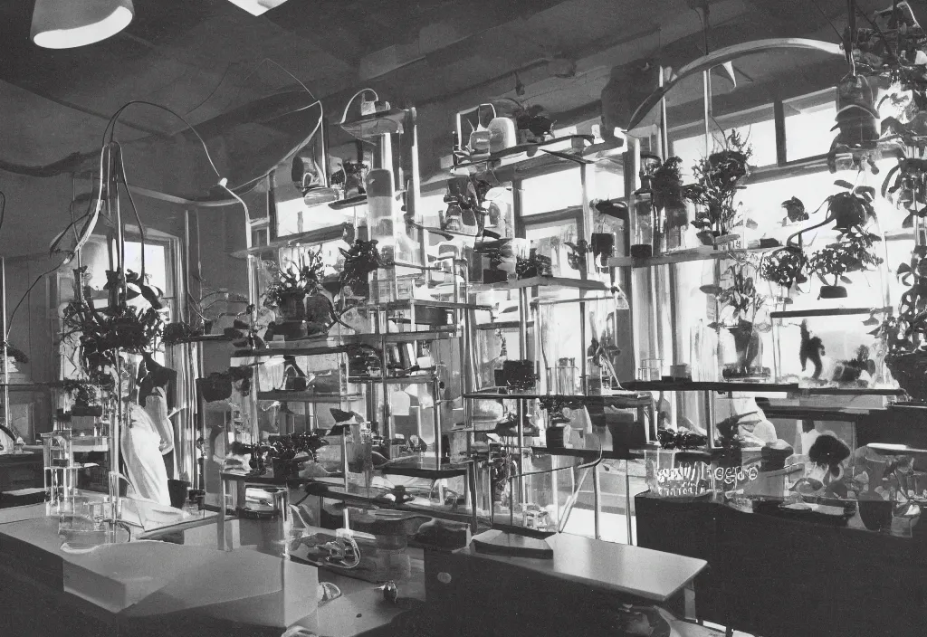 Prompt: 1970s interior magazine photo of a science lab with glowing lava lamps, at dusk, with kittens and scientists in lab coats, wooden walls with framed art, and a potted cactus and some hanging plants, with dappled light coming in through a circular window