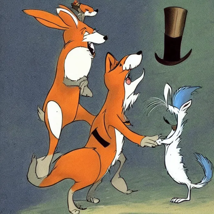 Prompt: concept art of a fox in a top hat talking to an angry rabbit by Don Bluth.